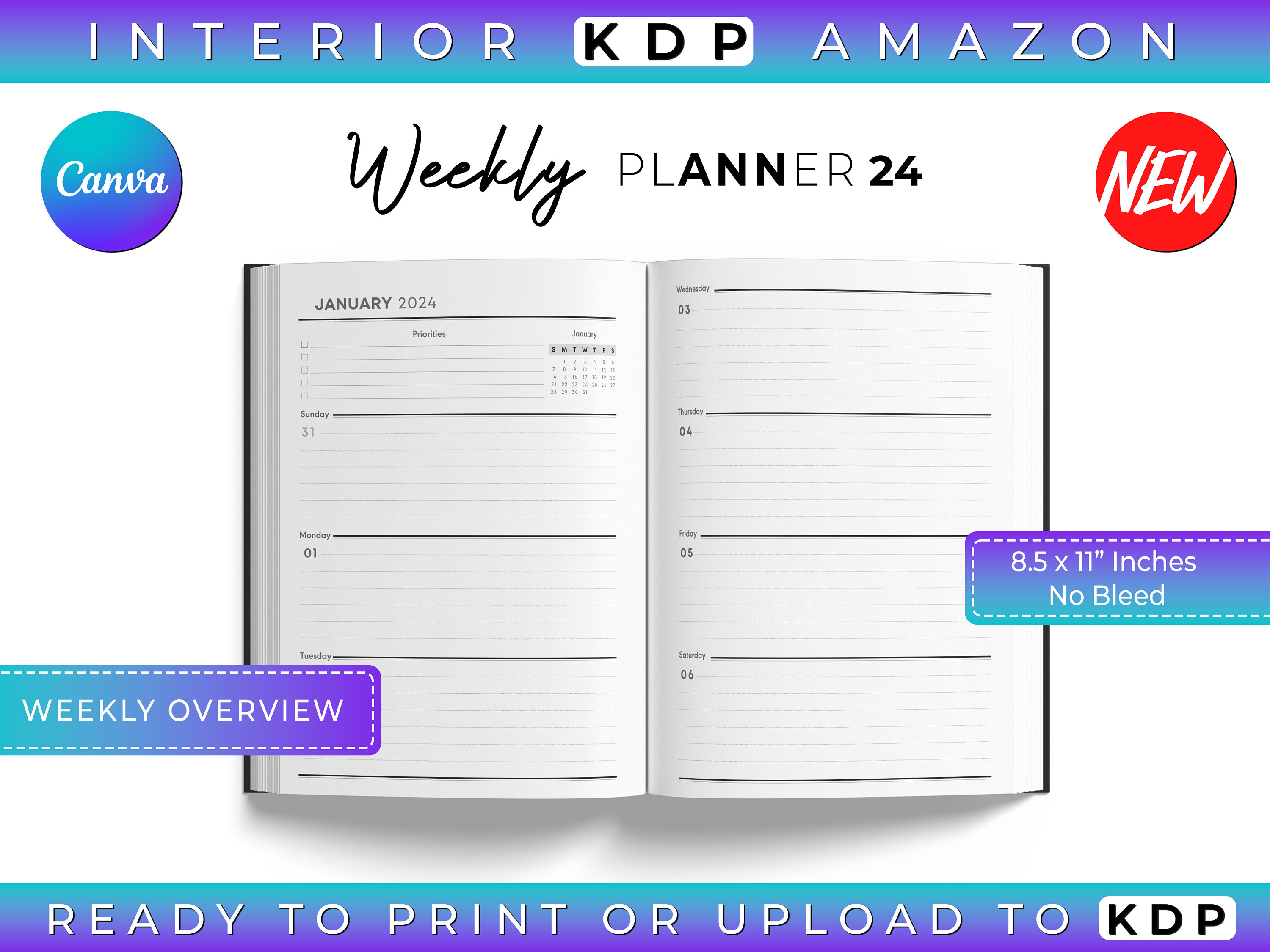 2024 Weekly Planner CANVA Templates, Fully Dated, Fully Editable ...