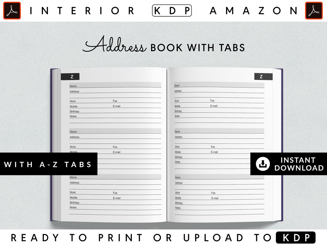 Address Book Template With Alphabetical Tabs for KDP 6x9 Inches With