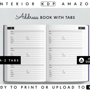 May include: A black and white printable address book with tabs for each letter of the alphabet. The book is open to the letter Z and has lines for writing names, addresses, phone numbers, email addresses, and notes.