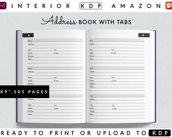 Address Book Template with Alphabetical Tabs for KDP - 6x9 Inches with Bleed (105) Pages- Ready to Upload (Commercial Use)