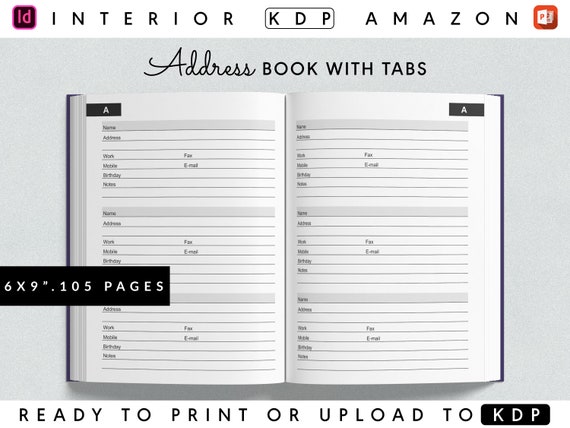 Address Book Template with Alphabetical Tabs for KDP - 6x9 Inches with Bleed (105) Pages- Ready to Upload (Commercial Use)