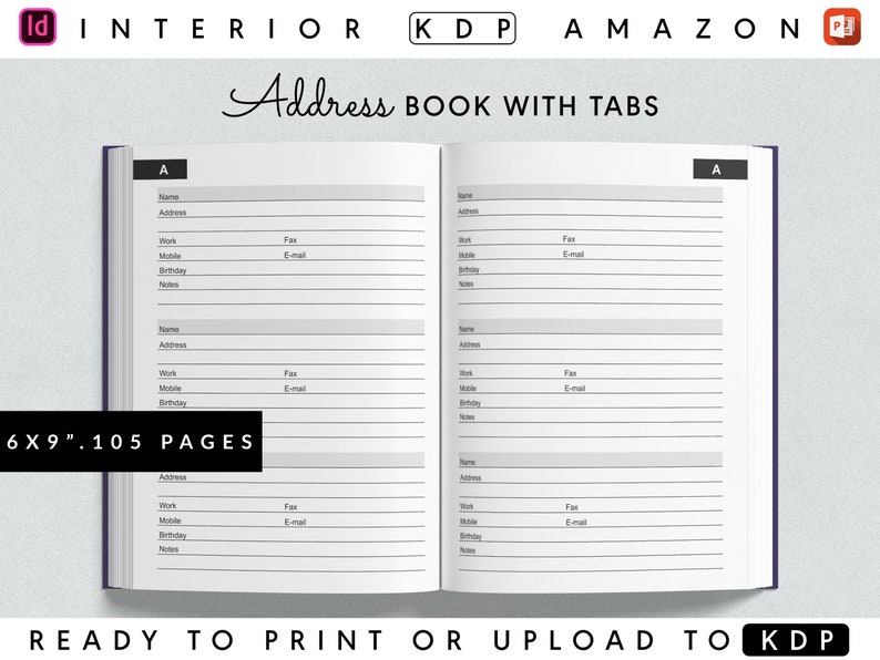 Address Book Template With Alphabetical Tabs for KDP 6x9 Inches With