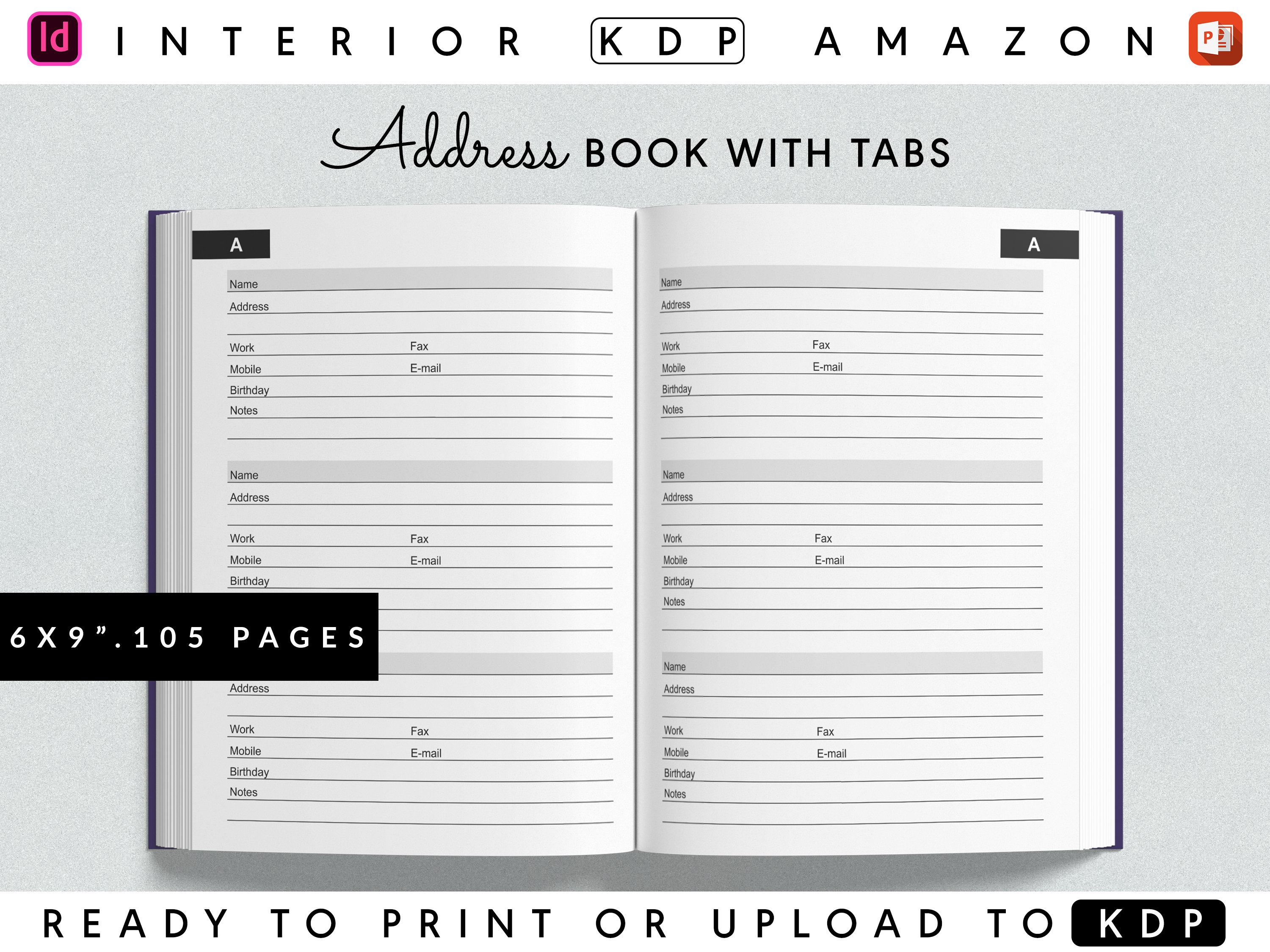 Address Book Template With Alphabetical Tabs for KDP 6x9 Inches With Bleed 105 Pages Ready to