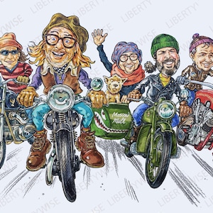 Peut inclure: Cinq personnages de bande dessinée à moto. Les personnages portent différents chapeaux et vestes. Les motos sont toutes de couleurs et de styles différents. L'arrière-plan est bleu clair.