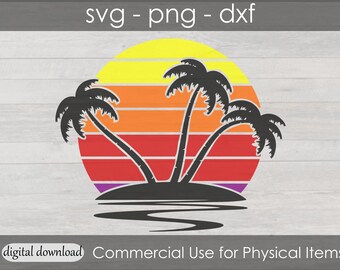 May include: A digital download of a silhouette of three palm trees on a sunset background with orange, yellow, red, purple, and white stripes. The text "svg - png - dxf" is at the top of the image. The text "Commercial Use for Physical Items" is at the bottom of the image.