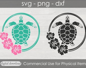 ウミガメのハイビスカスウェーブ SVG + PNG セット - ハワイアン