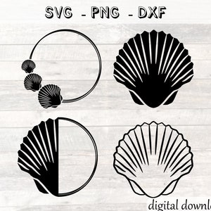 May include: Four black and white SVG cut files featuring seashells. The top left image is a circle frame with three seashells. The top right image is a single seashell. The bottom left image is a half circle frame with a seashell. The bottom right image is a single seashell.