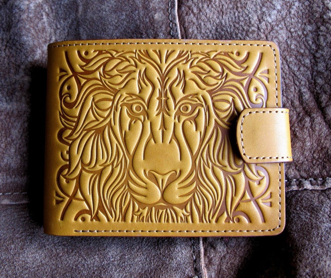 Genuine leather wallet pockets small Purse Embossed Lion Etsy