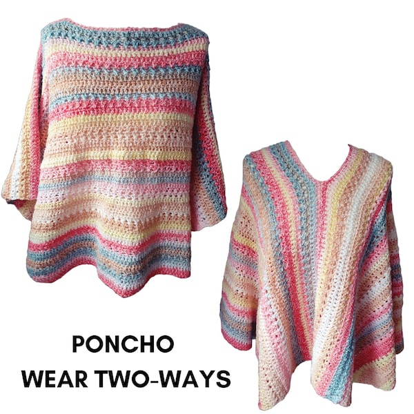 Crochet Poncho Pattern, Crochet Poncho Pattern for Women,  Easy Crochet, Two-Way V-Neck Boat Neck, PDF Pattern
