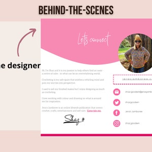 May include: A pink and white graphic with the text "Behind-the-Scenes" and "Let's Connect". The graphic features a photo of a woman wearing a colorful crocheted sweater and the text "The Designer". The graphic also includes the website address "jerasjamboree.co.uk" and social media icons for Twitter, Facebook, and Instagram.