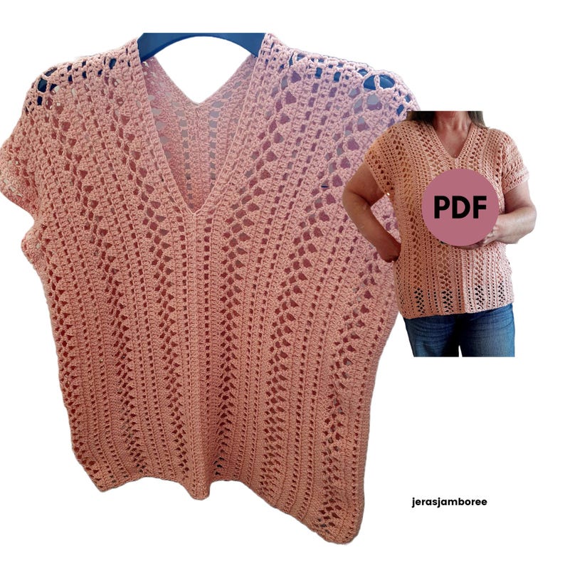 May include: A crochet top with a V-neck and short sleeves. The top is made in a peach color with a lacy pattern. The image also shows a person wearing the top and the text "PDF".
