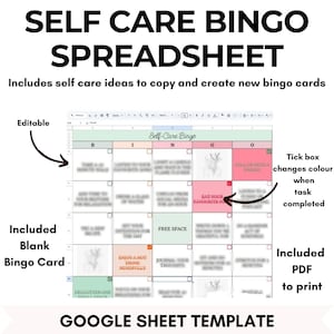 Self Care Bingo Cards, Self Care Bingo Editable, Self Care Bingo, Printable Self Care Bingo, Digital Bingo Card, Google Sheets