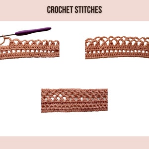 May include: Three close-up images of a crocheted stitch pattern in a light peach color. The stitch pattern is a delicate lace design with open spaces.