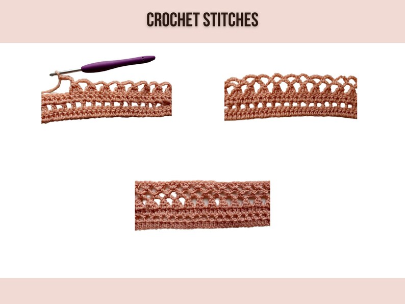 May include: Three close-up images of a crocheted stitch pattern in a light peach color. The stitch pattern is a delicate lace design with open spaces.