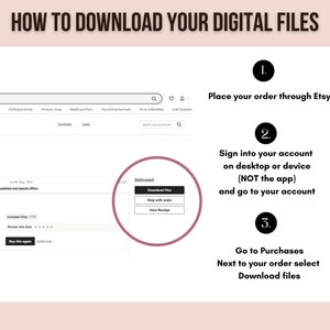 May include: A screenshot of a computer screen showing how to download digital files from Etsy. The instructions are numbered 1 through 5. The screen shows a purchase history with a button to download files.