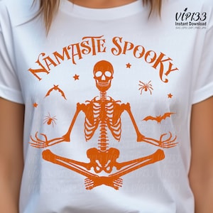 Namaste Spooky Skeleton Doing Yoga Meditation Funny Trendy Halloween Designs svg Bats Spiders | Digital File Commercial Use