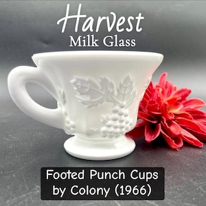 Set mit 16 (1966-) Milchglas Ernte Footed Bowle / Teebecher / Snacktasse von Kolonie; Weiße Trauben & Blätter; Vintage / Dessert / Votivhalter