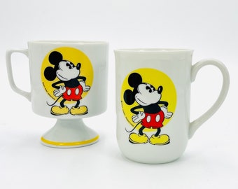 Set of 2 - VINTAGE Mickey Mouse Mugs (Walt Disney) Retro White and Yellow Footed Coffee / Tea / Child&#39;s Cup; Disney Collector; His and Hers