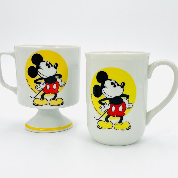 Set of 2 - VINTAGE Mickey Mouse Mugs (Walt Disney) Retro White and Yellow Footed Coffee / Tea / Child's Cup; Disney Collector; His and Hers