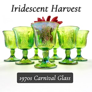 Set of 8 (1970s) Green Carnival Harvest Water Goblets or Wine Glasses by Colony; Iridescent Glassware / Barware; Midcentury; Grapes