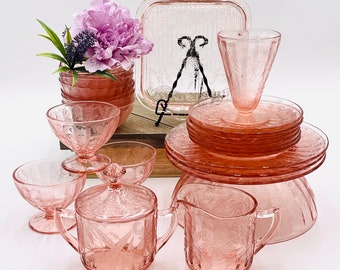CHOOSE a set (1932-1935) Floral Pink Depression Glass by Jeannette - Bowls; Sherbets; Tumbler; Salad Plates / Saucers; Tray; Sugar; Creamer