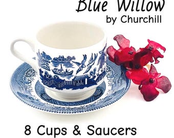 Zestaw 16 elementów (1989-) Blue Willow by Churchill – płaskie filiżanki do herbaty/kawy i spodki/talerzyki deserowe; wyprodukowano w Anglii