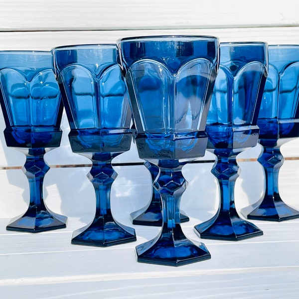 1980-1986 Fostoria (set of 6) Virginia Dark Blue / Navy Wine Glasses; Vintage Wine Glasses / Barware / Glassware; Heavy Glass Goblets