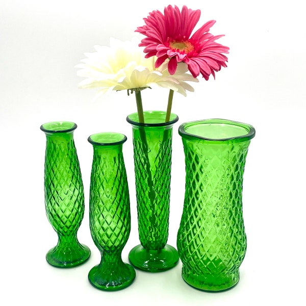 Set of 4 (1960s) EO Brody Avocado Green Vases; Flower Arrangements; Diamond Pattern; Retro Midcentury Glass Vases; Decorative Home Accents