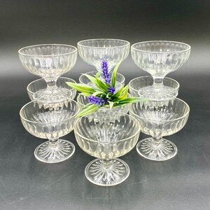 Set of 10 (1930-1935) Ribbon Clear Champagne / Low Sherbet Glasses by Hazel-Atlas; Depression Glass; Footed Dessert Cups / Bowls