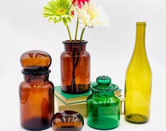 Set of 3 (1970s) Belgium Apothecary Brown Bubble Jars; Emerald Green Glass Canister; Kitchen Storage; Retro Bathroom Bottles; Home Accent