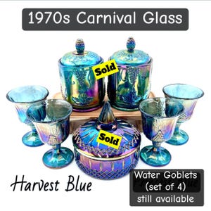 Set of 4 (1970s) Blue Carnival Harvest Iridescent Water / Wine Goblets by Colony; Small Canisters; Princess Candy Dish by Indiana Glass