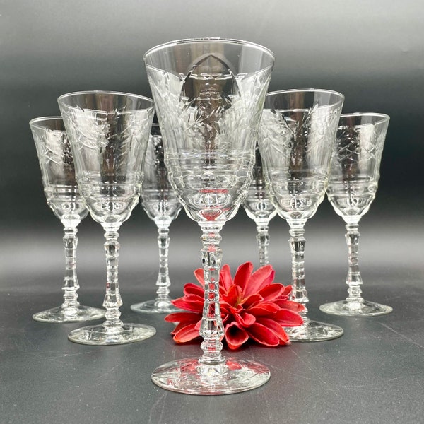 Set of 8 (1947-) Crystal Artic Rose Wine or Water Goblets by Rock Sharpe; Blown Glass; Stemmed Glassware; Vintage Midcentury Floral Barware