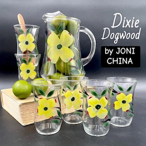 7 pc set (circa 1950s) Dixie Dogwood by Joni China - Hand Painted Yellow Flower Glass Pitcher & Juice Set; Vintage Floral; Midcentury Modern
