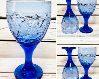 Chalice Wine Glass PAIR of Vintage LIBBEY Cobalt Blue Stemware Goblet 