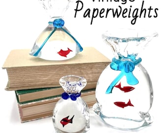 Juego de 3 pisapapeles de cristal con forma de pez: estilo Murano; esculturas para bolsas de acuario; soplados a mano.