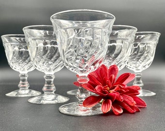 Set of 7 (1940-1973) Fostoria Colony Water Goblets; Swirl Pattern; Iced Tea / Wine / Dessert / Cocktail Glasses; Vintage Glassware / Barware