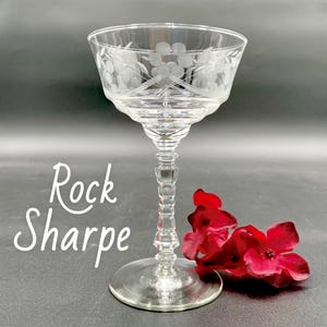 Set of 6 (Circa 1940s) Rock Sharpe Floral Crystal Tall Stemmed Sherbet / Champagne; Blown Glass; Small Dessert; Antique Vintage Barware