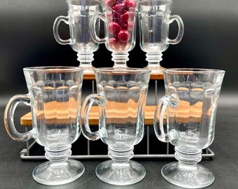 Set of 6 - VINTAGE Paneled Clear Glass Irish Coffee Mugs; Made in Portugal; Tea / Dessert / Parfait / Milkshakes; Fountainware; Hot Drinks