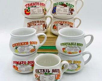 Set of 4 or 5 - VINTAGE Soup Recipe Bowls / Retro Mugs - Mixed Set: Chicken, Potato, Vegetable, Tomato, Oxtail, Onion, Mushroom; Ceramic