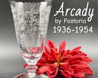 Zestaw 4 szklanek do soku Fostoria Arcady (1936-1954); szkło dmuchane; trawione kwiaty; kryształ; szkło z okresu Wielkiego Kryzysu