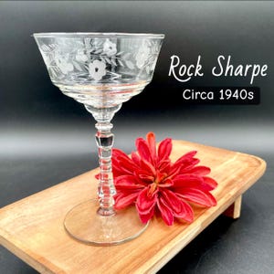 Set of 4 (Circa 1940s) Rock Sharpe Floral Crystal Tall Stemmed Sherbet / Champagne; Blown Glass; Small Dessert; Antique Vintage Barware