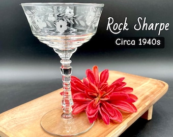 Set of 4 (Circa 1940s) Rock Sharpe Floral Crystal Tall Stemmed Sherbet / Champagne; Blown Glass; Small Dessert; Antique Vintage Barware