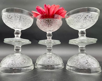 Set of 6 (1939-1964) Sandwich Glass by Anchor Hocking: Sherbet Glasses and Cookie Jar; Clear Depression Glass