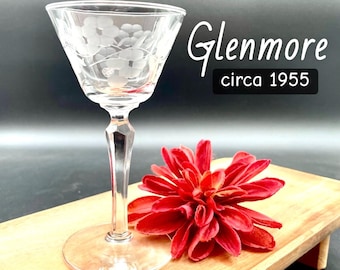Set of 6 (Circa 1955) Glenmore Floral Liquor Cocktail Glasses by Libbey; Blown Glass; Tall Stemmed; Midcentury Dessert; Cordial / Small Wine