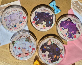 NEW Love and Deepspace Button 60mm Kitty Xavier, Zayne, Rafayel, Sylus, Caleb Heart Holo