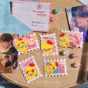 May include: A set of six colorful stickers featuring cartoon chicks with different expressions. The stickers are shaped like postage stamps and have a pink and white background. The text on the stickers includes "wow!" "miss you" "Auggies" and "Waaaaak!"