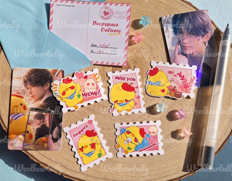 May include: A set of six colorful stickers featuring cartoon chicks with different expressions. The stickers are shaped like postage stamps and have a pink and white background. The text on the stickers includes "wow!" "miss you" "Auggies" and "Waaaaak!"