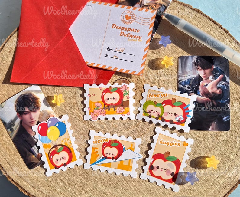 May include: A set of ten colorful stickers featuring cartoon apples with different expressions. The stickers are shaped like postage stamps and have a white border. The stickers feature phrases like "Love ya", "Huggies", and "Wooow".