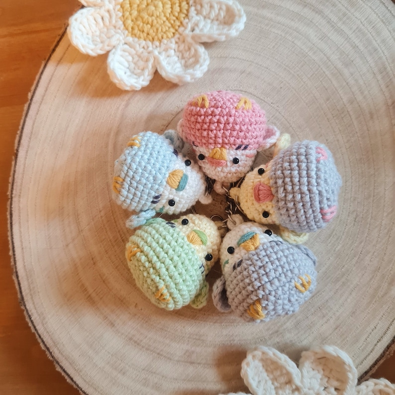 Kleine Bunte Wellensittiche Schlüsselanhänger Gehäkelt Amigurumi Handgemacht Plüsch Accessoires Stofftier Wellensittich Vogelliebhaber Bild 1