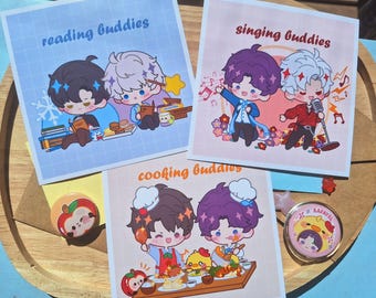 Love and Deepspace art print fanart chibi Linkon buddies Rafayel, Caleb, Sylus, Xavier, Zayne